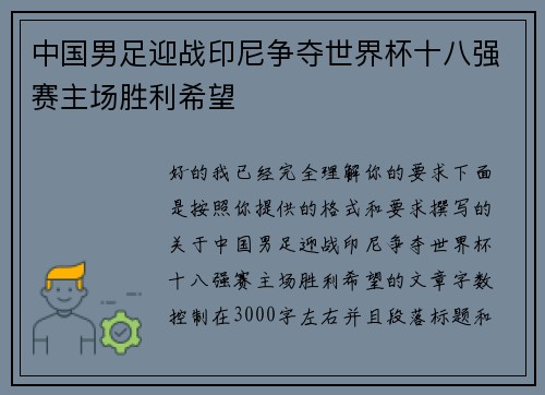 中国男足迎战印尼争夺世界杯十八强赛主场胜利希望
